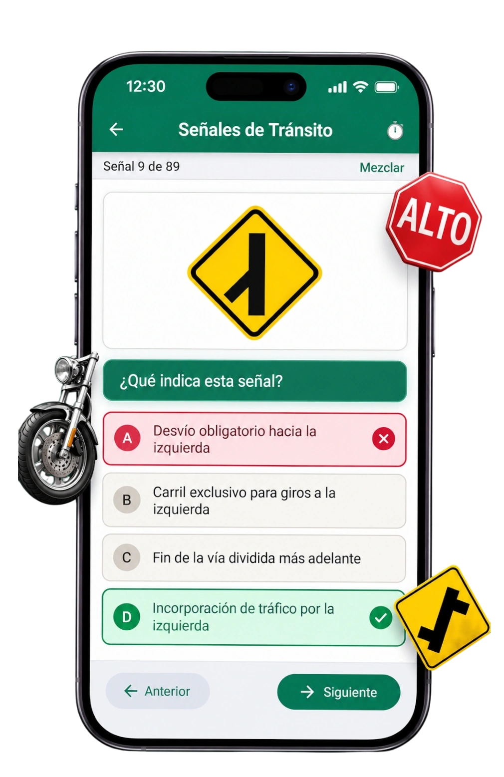 Simulacro de examen y señales de tránsito en la aplicación LicenciaMX